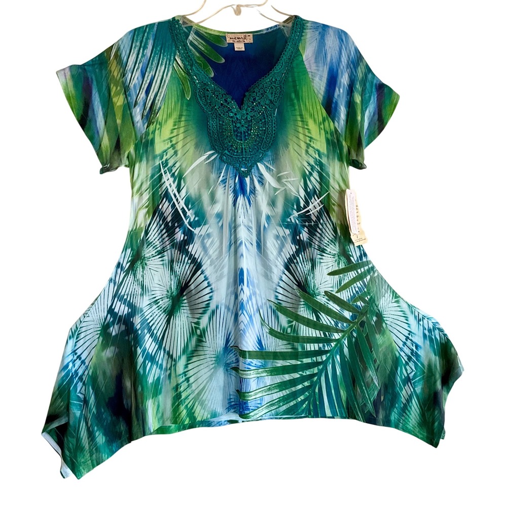 NWT One World Tropical Palm Print Lace Neck Sharkbite Tunic Top M Crochet Beaded
